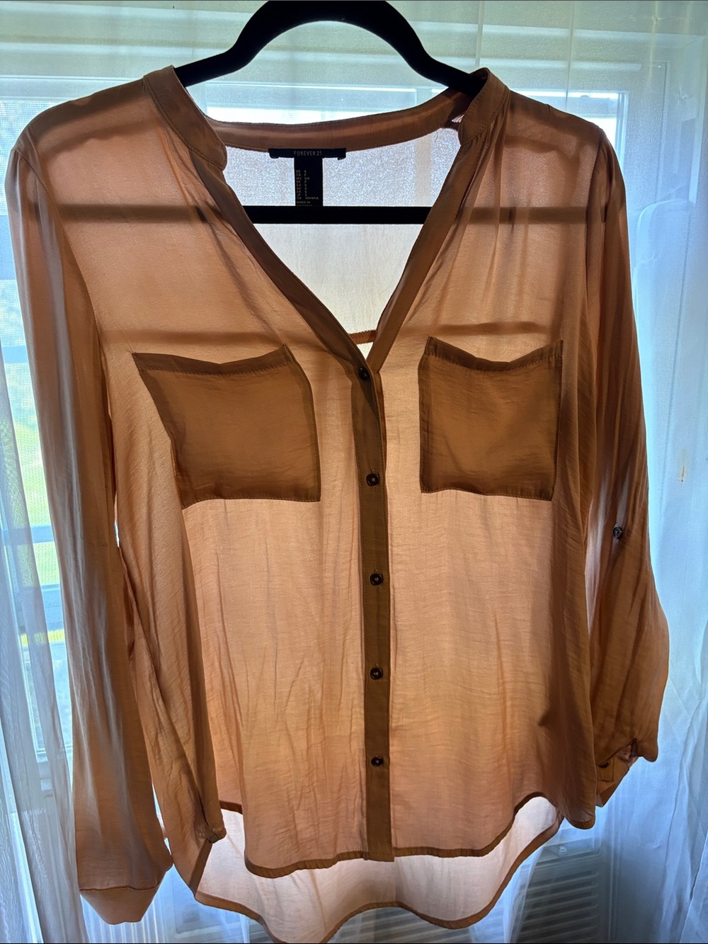 Forever 21 Sheer Button-Front Blouse in Camel/Tan